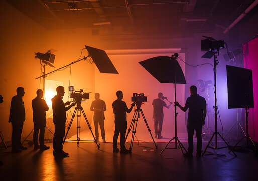 Silhouetted crew members operate cameras and studio lights with dramatic orange and purple backlighting during a creative production session.
