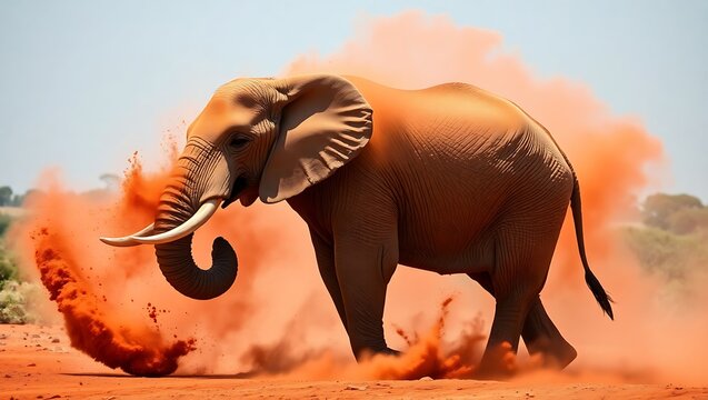 A large african elephant walking through a cloud of red dust in a dry and arid landscape scene - Powered by Adobe