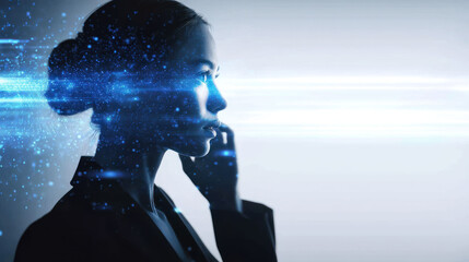 Woman touching face with blue holographic data above her head, tech interface and future thought, digital silhouette, cyber human image