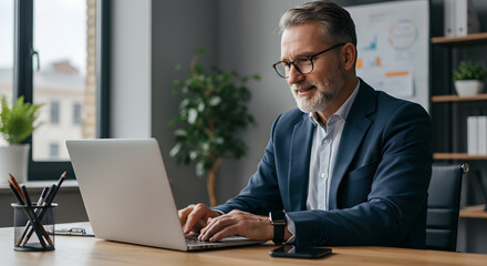 Happy mature business man executive manager looking at laptop computer watching online webinar or having remote virtual meeting, video conference call negotiation corporate training working in office.