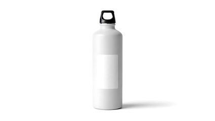 Isolated white metal water bottle with black cap and blank label on a white background studio shot