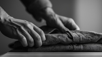 A person carefully folds a shirt on a light wooden surface, prioritizing neatness.