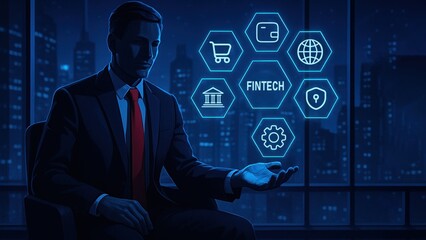 Businessman in suit with open hand controls floating finance icons at night, showing innovation in ai finance, data security, fintech startup