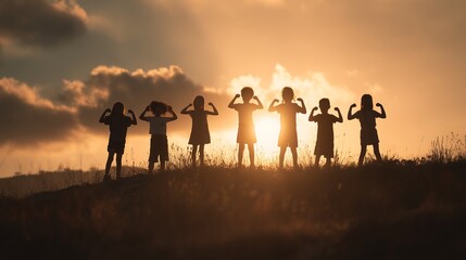 A group of children standing on a hilltop during sunset, silhouetted against the sky. They are confidently posing with flexed arms, symbolizing strength and unity.
