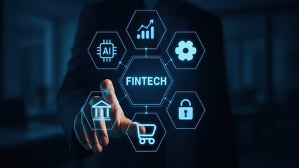 Reaching hand surrounded by glowing fintech hexagons in dark office, emphasizing secure control in ai finance, data security, fintech startup field