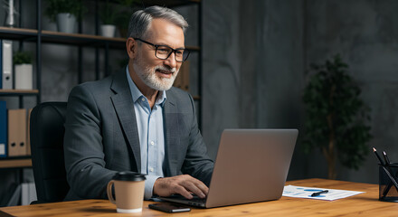 Happy mature business man executive manager looking at laptop computer watching online webinar or having remote virtual meeting, video conference call negotiation corporate training working in office.