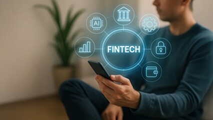 Man with smartphone surrounded by glowing fintech icons in calm space, showing interaction and privacy in ai finance, data security, fintech startup