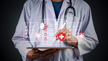 Doctor holding tablet with virtual health insurance policy, medical shield. Online healthcare, digital health check, secure patient data. Modern medical technology, health protection.