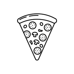 A black and white line drawing of a pizza slice topped with pepperoni and mushrooms.