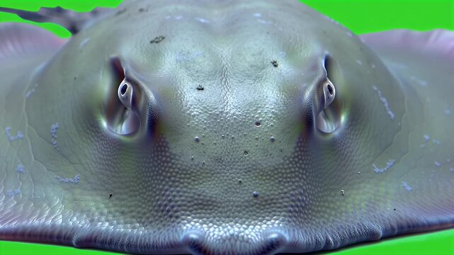 Close-up Headshot of a Graceful Stingray with Prominent Eyes and Spiracles, Captured Against a Vibrant Green Background, Showcasing Unique Marine L...