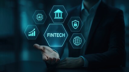 Man in suit presenting glowing fintech icons in blue lit room, showing control and growth in ai finance, data security, fintech startup industry