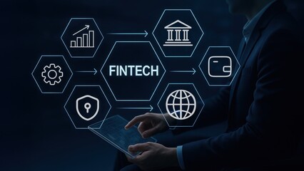 Man with transparent tablet and floating hexagons in dark tech space, connected icons symbolizing ai finance, data security, fintech startup concept