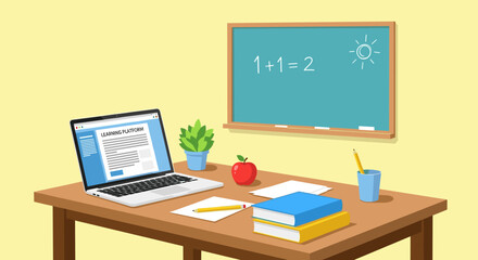 Classroom desk with laptop, books, apple and blackboard, learning concept, online education.