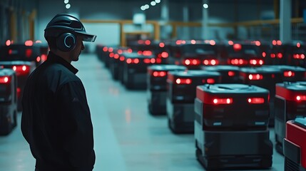 Worker in Smart Warehouse with Automated Robots and Technology