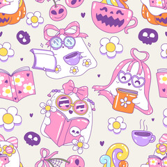 seamless pattern cute little ghost with Bookish halloween vibe
