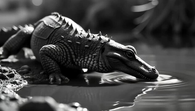 Argentine black and white tegu drinking from a shallow pond