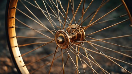 Close-up of a bicycle wheel with golden-hued spokes radiating from the central hub, partially in shadow