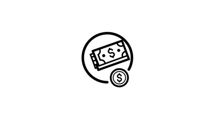 Money and Currency Icon: A sleek, minimalistic icon showcasing a stack of dollar bills and a single coin, perfect for finance, banking, and payment-related themes.