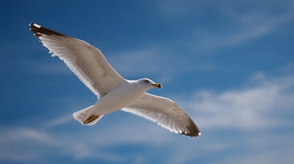 Obraz premium Majestic Seagull in Flight Against a Vibrant Blue Sky