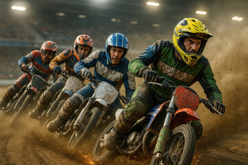 Photorealistic motorcycle racers with unique faces drifting side by side through sand and sparks under stadium lights. Concept of summer sport, speed, rivalry, precision extreme motorsport 