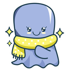 Cute ghost wearing yellow scarf with polka dots shining stars around halloween happy expression