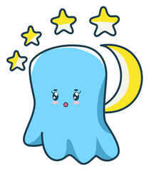Cute blue ghost with surprised expression under crescent moon and shining stars creating charming halloween night scene