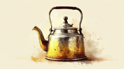 Vintage, metallic tea kettle, golden patina, light beige background