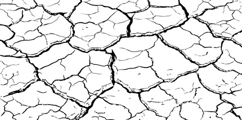 Black and white illustration of cracked, dry earth with deep fractures and irregular textures. Perfect for drought, desert, or environmental-themed designs and nature-inspired backgrounds.