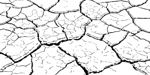 Black and white illustration of cracked, dry earth with deep fractures and irregular textures. Perfect for drought, desert, or environmental-themed designs and nature-inspired backgrounds.