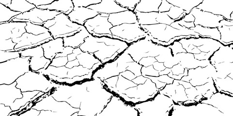 Black and white illustration of cracked, dry earth with deep fractures and irregular textures. Perfect for drought, desert, or environmental-themed designs and nature-inspired backgrounds.