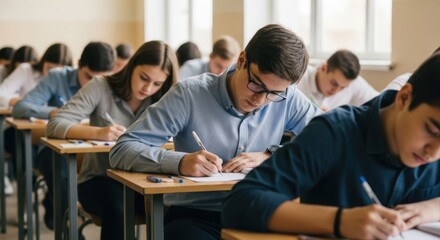 Students attentively taking an examination in a bright classroom setting