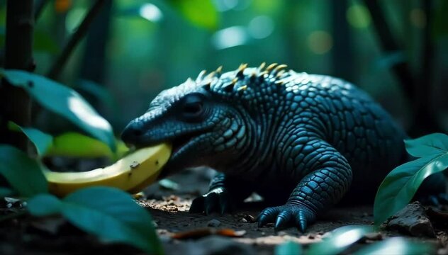 Argentine black and white tegu eating fruit and insects