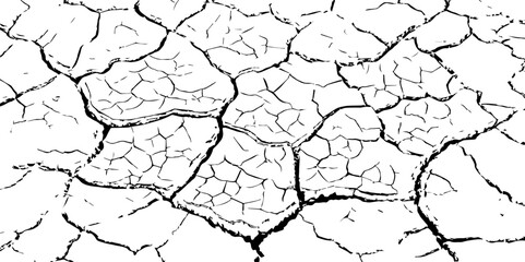 Black and white illustration of cracked, dry earth with deep fractures and irregular textures. Perfect for drought, desert, or environmental-themed designs and nature-inspired backgrounds.