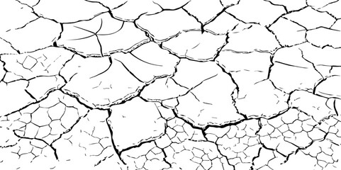Black and white illustration of cracked, dry earth with deep fractures and irregular textures. Perfect for drought, desert, or environmental-themed designs and nature-inspired backgrounds.