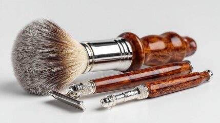 A shaving set with a badger hair brush, double-edge razor, and shaving stand, all featuring richly-grained brown wood handles and silver accents, rests on a white surface