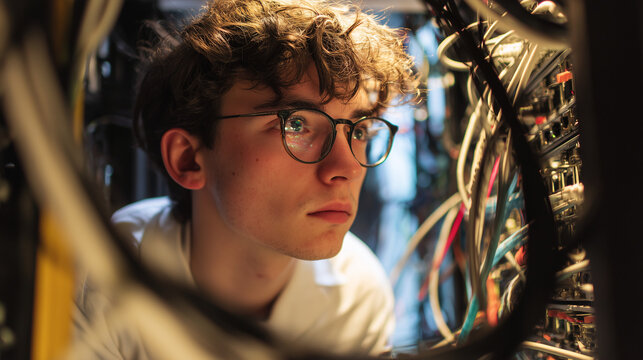 Young engineer in a server room, focused on technology and innovation.