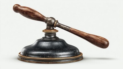 Antique, dark gray metal device with wooden handle, angled