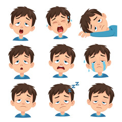 Cartoon Boy Character Looking Tired and Sleepy, Expressions Set