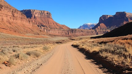 Dusty road winds through a canyon of vibrant red rock formations under a clear blue sky