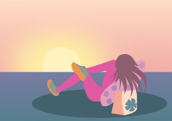 Girl on vacation, lying and watching the sunset, relaxation, reflection, all shades of sunset