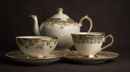 Elegant off-white teapot and two teacups with gold trim and intricate floral patterns, arranged on matching saucers against a dark brown background