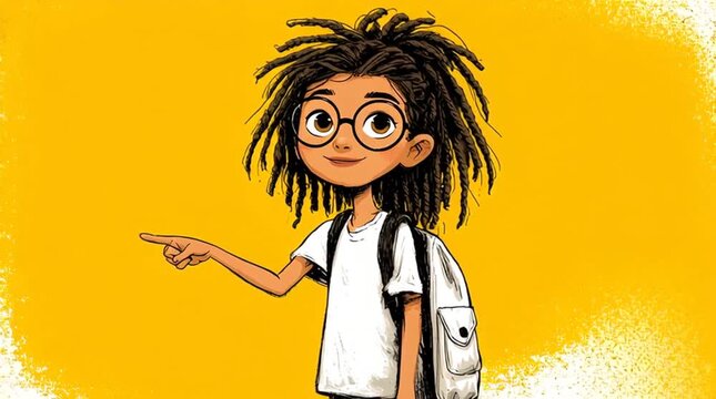 Vector Animation of Black Girl with Dreads and Glasses Pointing on Bright Yellow Background