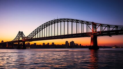 Fototapeta premium Majestic steel bridge at dusk reflects golden light on calm water under a gradient twilight sky.