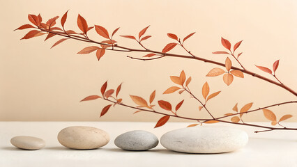 Serene balance achieved with smooth stones and autumn leaves creating peaceful zen garden tranquility