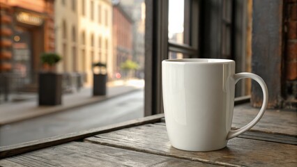 White Coffee Mug on Wood Table with Urban Background View