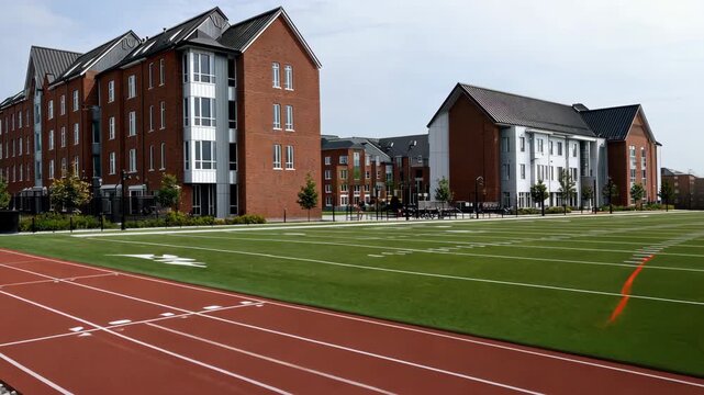 Exciting campus life at a modern university housing complex and athletic fields in sunny weather