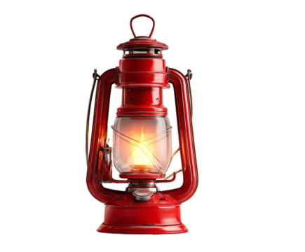 Classic vibrant red kerosene lantern illuminating with a bright flame, casting a warm glow, isolated on transparent background.