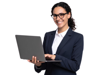 Businesswoman Holding Laptop, Smiling While Engaging with Media and Sharing Content on transparent background.