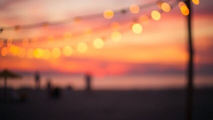 Beachside ambiance with glowing string lights creating a warm sunset atmosphere.