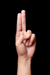 Hand gesture with two fingers raised.